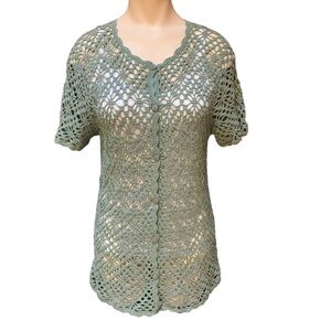 Northern Reflections Crochet Knit Green Cardigan Sweater Short Sleeve Women’s S